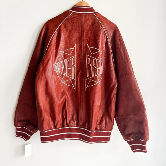 Zara Brown Buffalo Leather Embroidered Varsity Jacket L - Picture 4 of 7